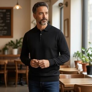 EXPRESS Black Merino Wool Blend Long Sleeve Polo Sweater Black  Business Casual